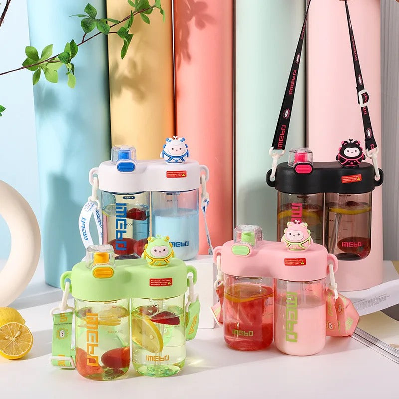 Seaygift portable école mignon dessin animé enfants double boisson bouteille d'eau en plastique enfants été deux compartiments bouteille tasse