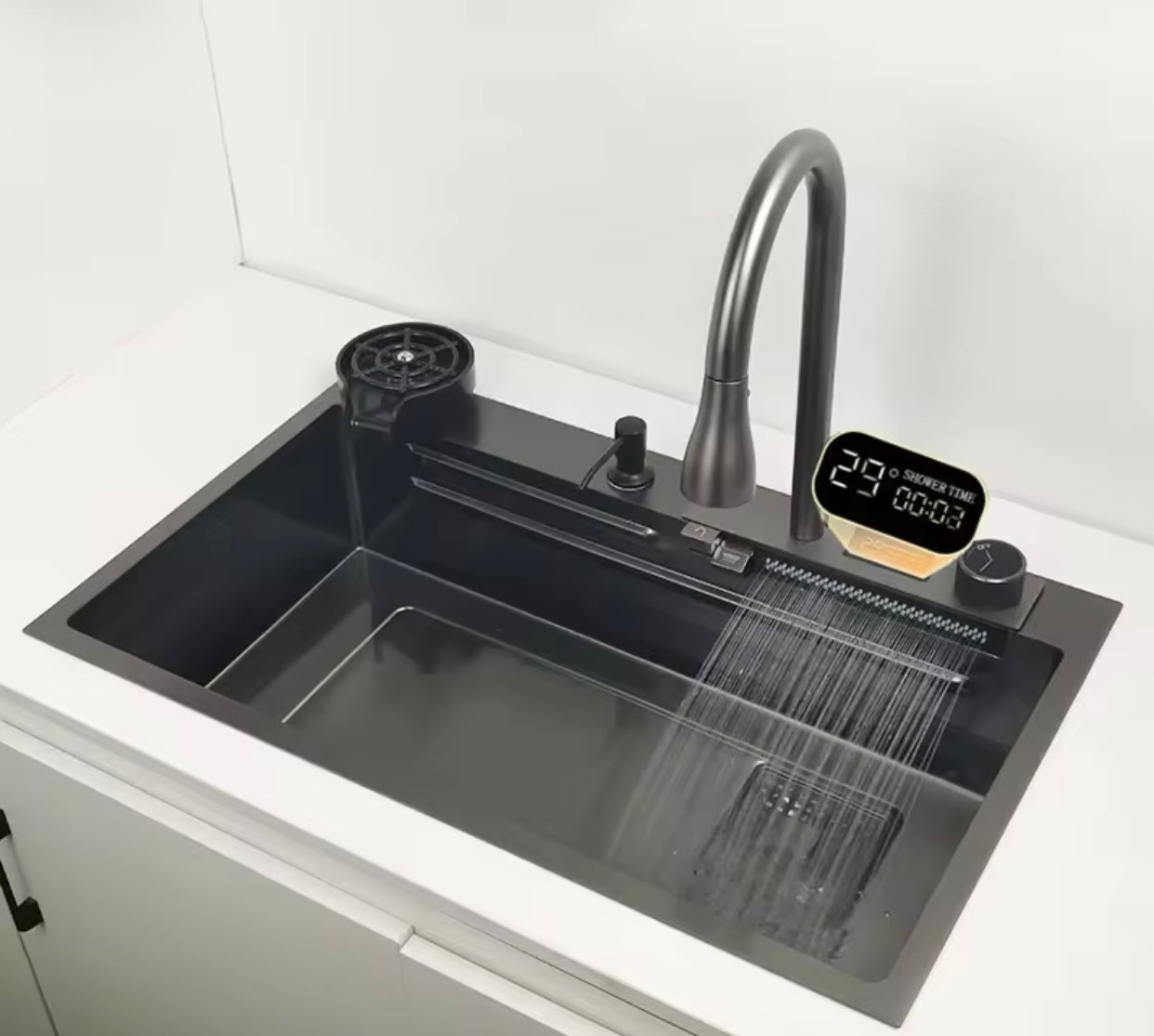 Evier Inox Professionnel 304 Evier Cascade Multifonction Evier Cuisine 1 Bac Evier Buanderie Évier à Cascade Raindance avec Robinet Rétractable, Eau Chaude et Froide (Color : Gris/Noir Size : 75x45x210