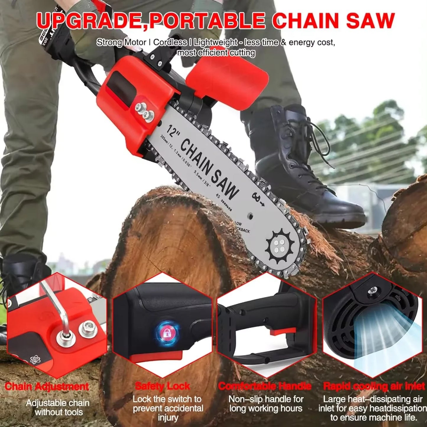 Scie à bûche extérieure sans fil, scie à main unique sans balais, batterie au lithium, déterminer la maison, 12"