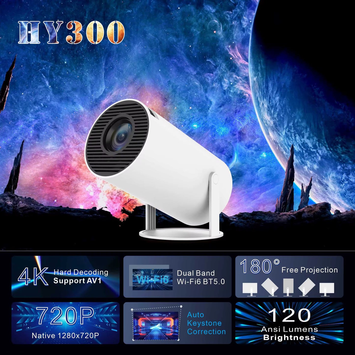 Projecteur Portable Intelligent HY300 – Android 11 | Mini Vidéo Projector 4K HD Home Cinéma