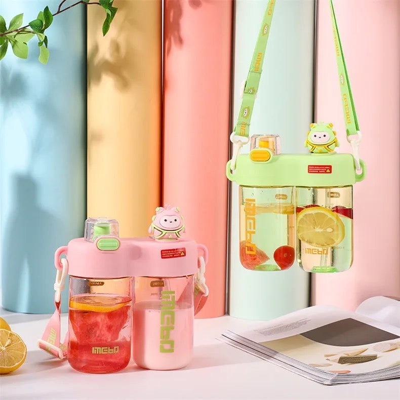 Seaygift portable école mignon dessin animé enfants double boisson bouteille d'eau en plastique enfants été deux compartiments bouteille tasse