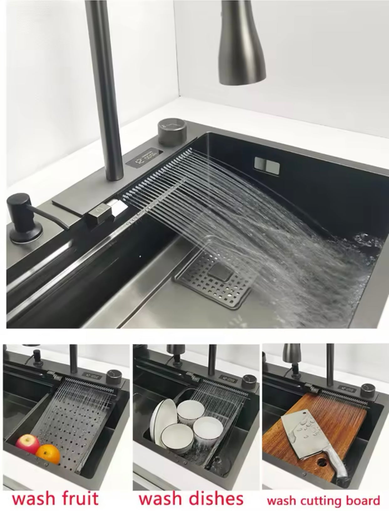 Evier Inox Professionnel 304 Evier Cascade Multifonction Evier Cuisine 1 Bac Evier Buanderie Évier à Cascade Raindance avec Robinet Rétractable, Eau Chaude et Froide (Color : Gris/Noir Size : 75x45x210