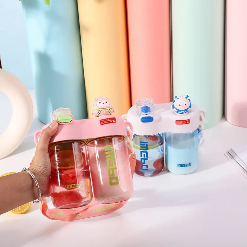Seaygift portable école mignon dessin animé enfants double boisson bouteille d'eau en plastique enfants été deux compartiments bouteille tasse