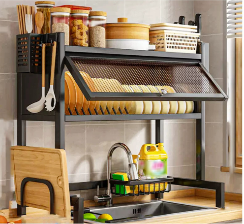 رف تجفيف الاطباق فوق الحوض - رف تجفيف اطباق كبير مع خزانة باب قلابة، مصفاة اطباق من الستانلس ستيل، منظم حوض المطبخ,مجفف أطباق فوق الحوض، ملحق كبير مع حامل لوح التقطيع، حامل أدوات، وعاء مُجهز لحوض المطبخ.
