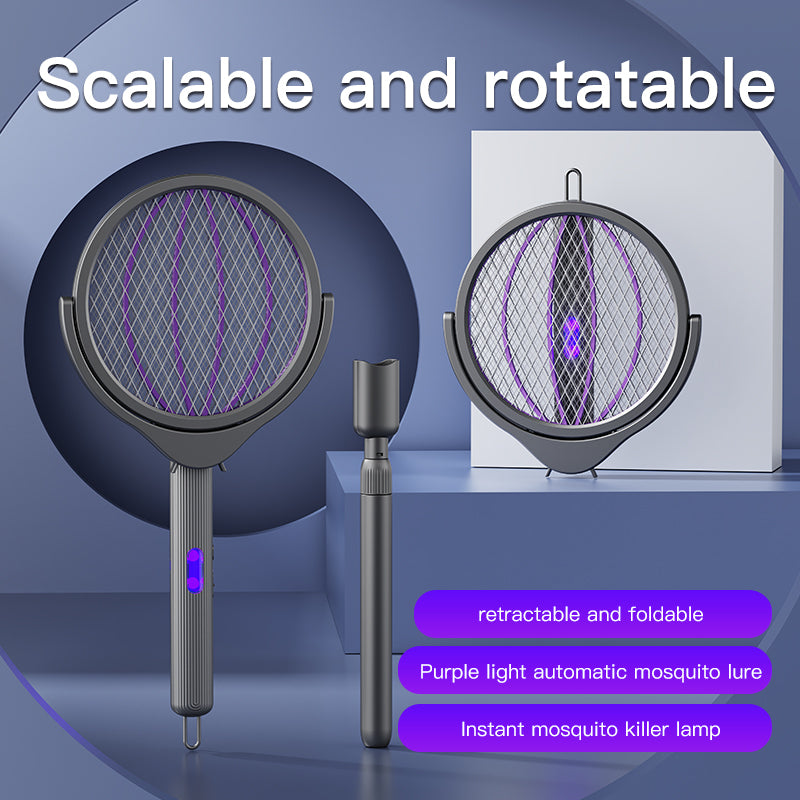 Raquette Électrique Anti-Moustiques 3-en-1 – Manche Pliable, Rotatif et Extensible
