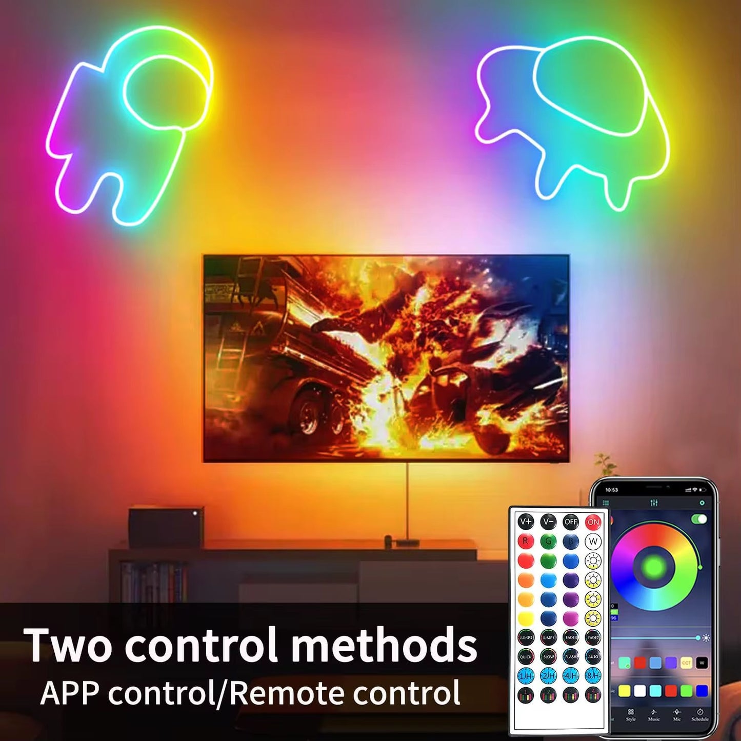 Bande lumineuse LED néon RGB avec Bluetooth et application, adhésive, résistante à l'eau, multicolore, fonctionnant en 5V, compatible avec la musique et flexible.