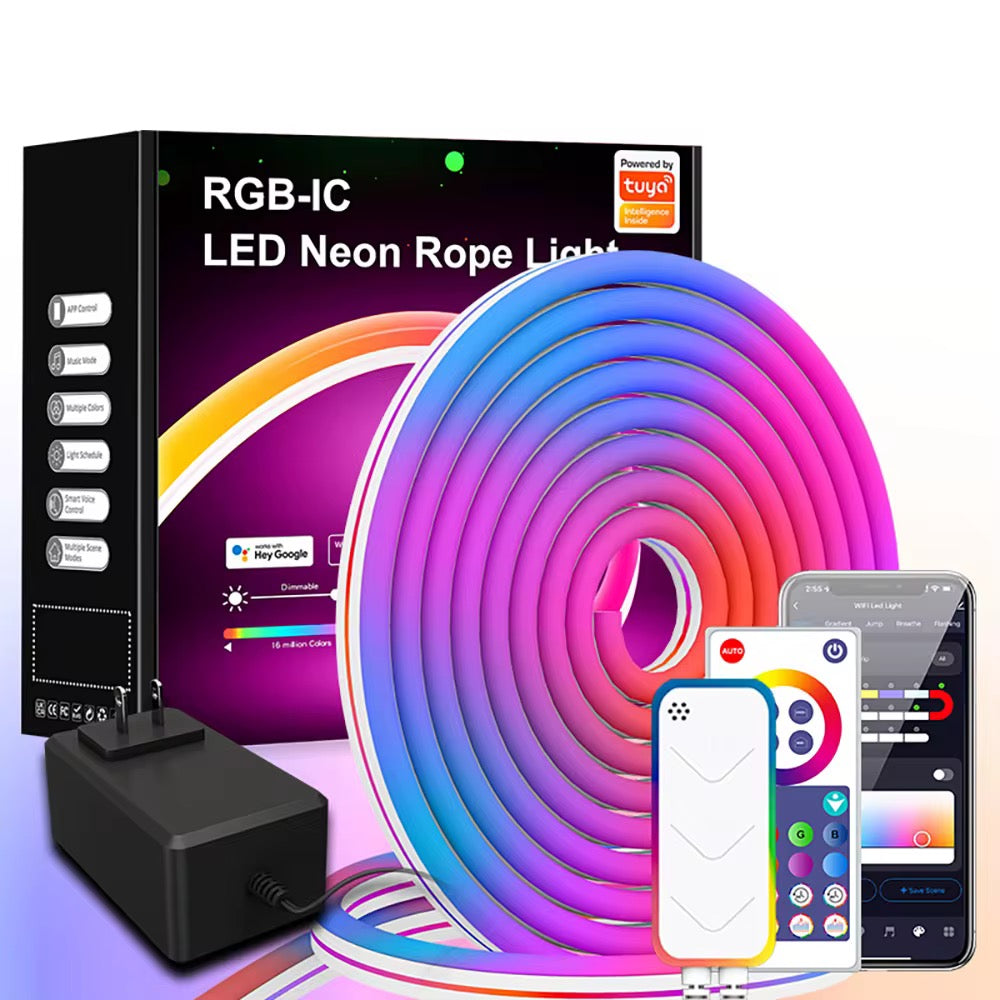 Bande lumineuse LED néon RGB avec Bluetooth et application, adhésive, résistante à l'eau, multicolore, fonctionnant en 5V, compatible avec la musique et flexible.