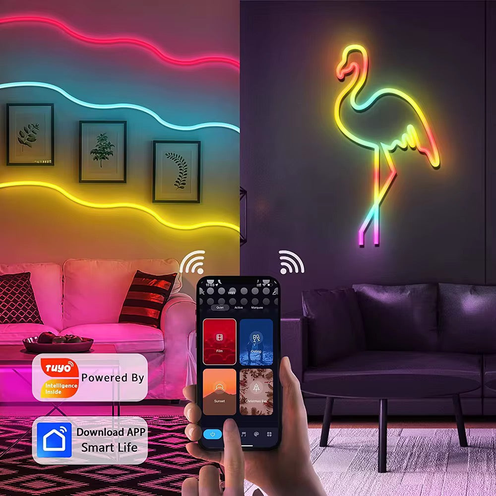 Bande lumineuse LED néon RGB avec Bluetooth et application, adhésive, résistante à l'eau, multicolore, fonctionnant en 5V, compatible avec la musique et flexible.