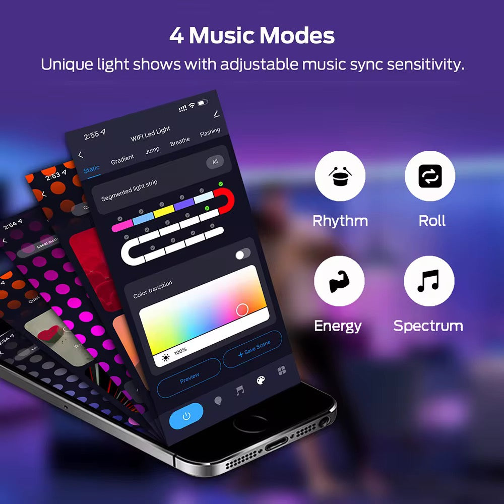 Bande lumineuse LED néon RGB avec Bluetooth et application, adhésive, résistante à l'eau, multicolore, fonctionnant en 5V, compatible avec la musique et flexible.