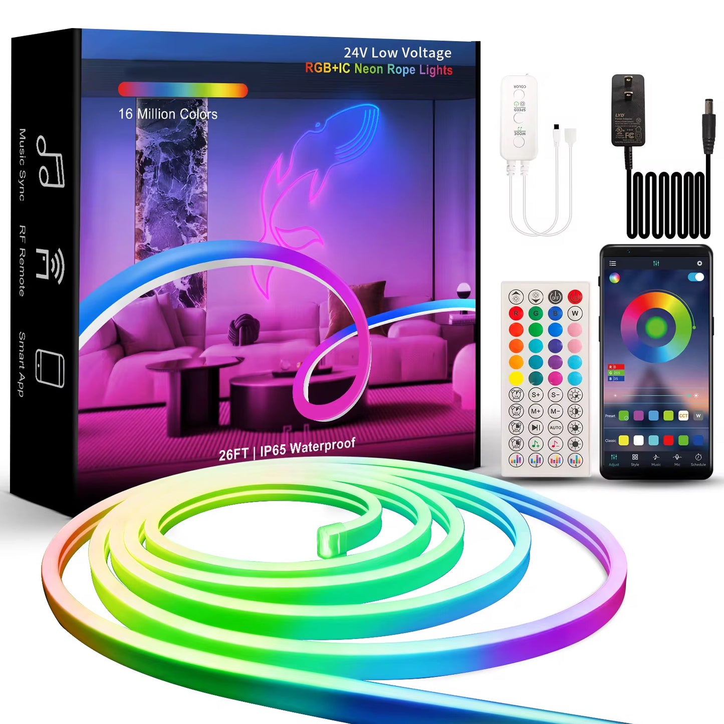 Bande lumineuse LED néon RGB avec Bluetooth et application, adhésive, résistante à l'eau, multicolore, fonctionnant en 5V, compatible avec la musique et flexible.