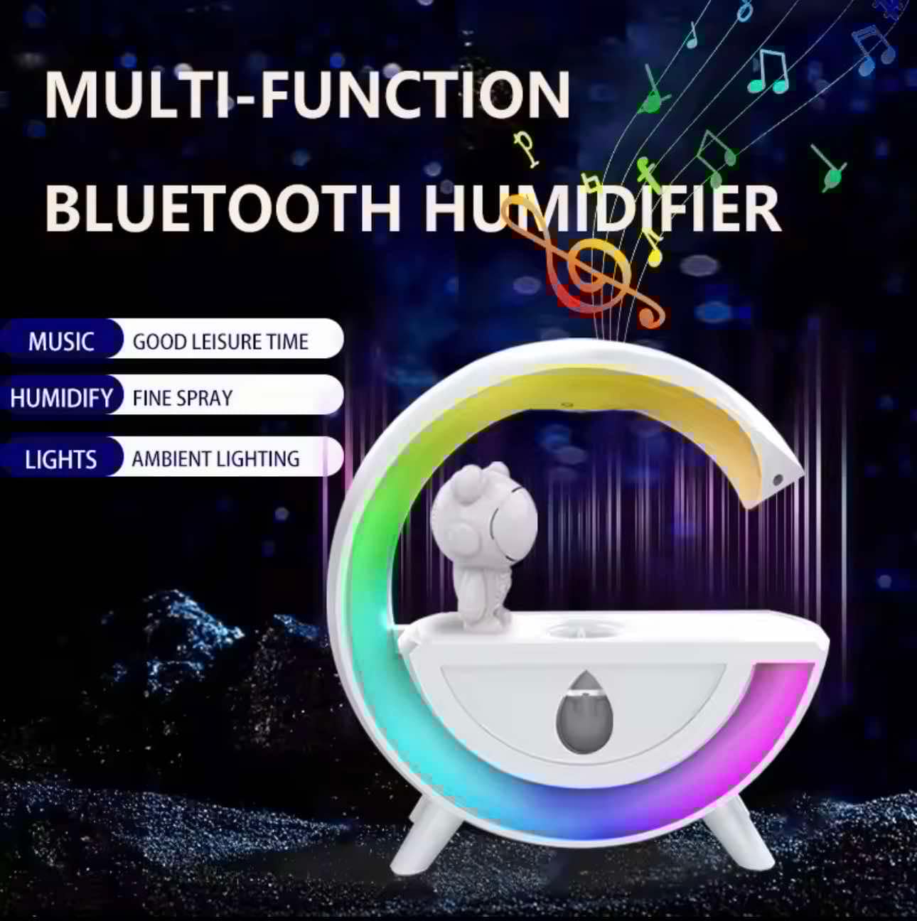 Lonvel Humidificateur en forme d’astronaute avec effet anti-gravité, haut-parleur, ultrasonique, lumière LED et alimentation USB pour la maison.