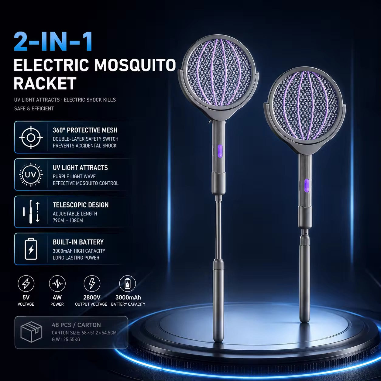 Raquette Électrique Anti-Moustiques Télescopique 2 en 1