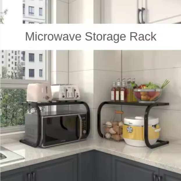 Étagère de four à micro-ondes en acier carbone avec double support en acier inoxydable pour four électrique et comptoir - noir