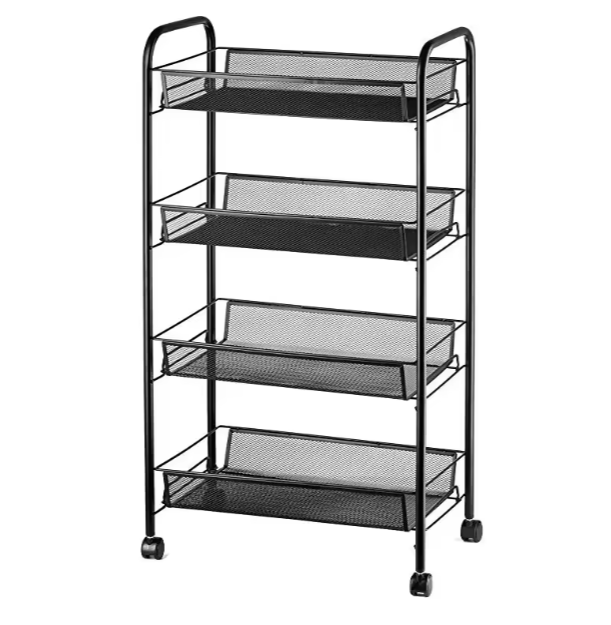 Chariot de Rangement Métallique 4 Niveaux – Panier à Roulettes pour Cuisine et Salon