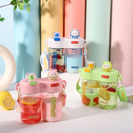 Seaygift portable école mignon dessin animé enfants double boisson bouteille d'eau en plastique enfants été deux compartiments bouteille tasse