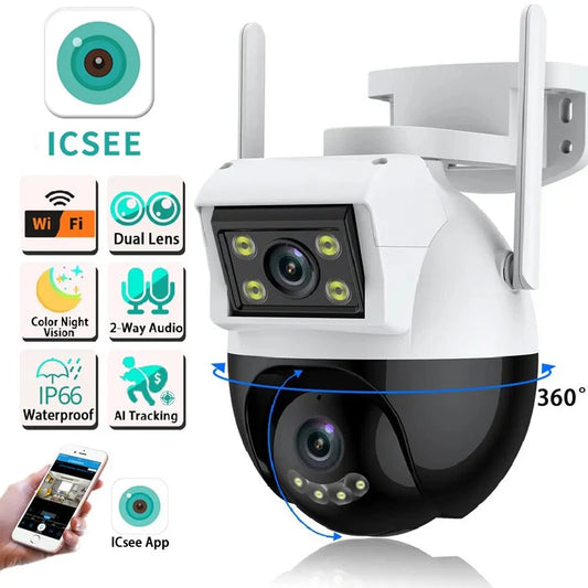 Caméra de sécurité intelligente WiFi étanche à double objectif iCSee 4 MP