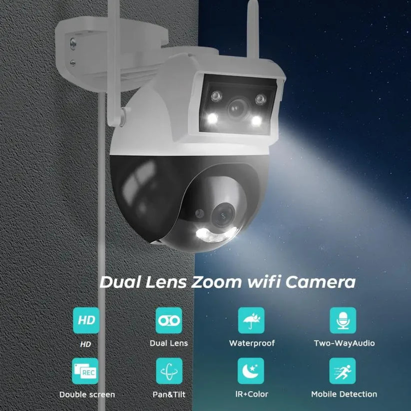 Caméra de sécurité intelligente WiFi étanche à double objectif iCSee 4 MP